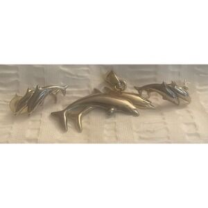 VTG Gold Tone & Silver Dolphin Pendant & Matching Earrings